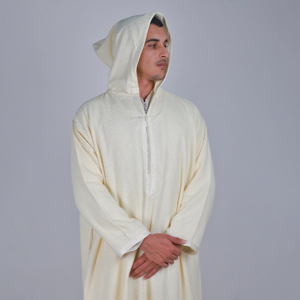 Chilaba marroquí blanca de lujo para hombres, hombres musulmanes se visten para la oración y para regalo de bodas, Jellaba marroquí tradicional para hombre