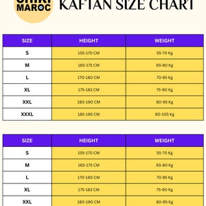 May include: A size chart for kaftans, showing the corresponding height and weight for each size: S, M, L, XL, XXL, XXXL. The chart is in inches and pounds.