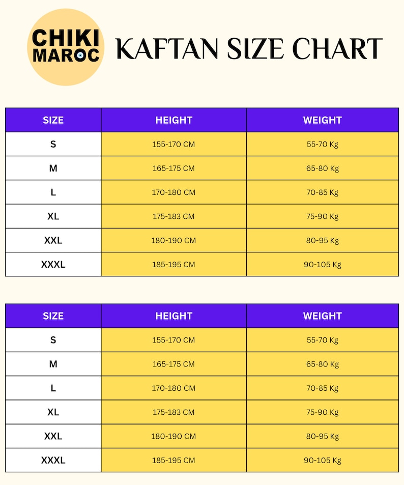 May include: A size chart for kaftans, showing the corresponding height and weight for each size: S, M, L, XL, XXL, XXXL. The chart is in inches and pounds.