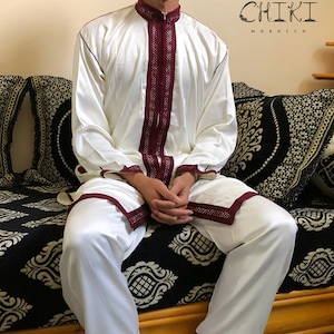 Royal Moroccan wedding long dress for men, Fancy red and white traditional jabador 2 pieces, Muslim maxi Kaftan dress for formal occasions