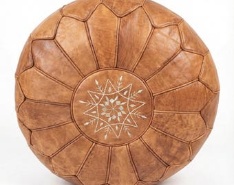Moroccan Leather Pouf Ottoman – Handmade Tan Leather Floor Cushion, Artisan Footstool, Boho Living Room Decor