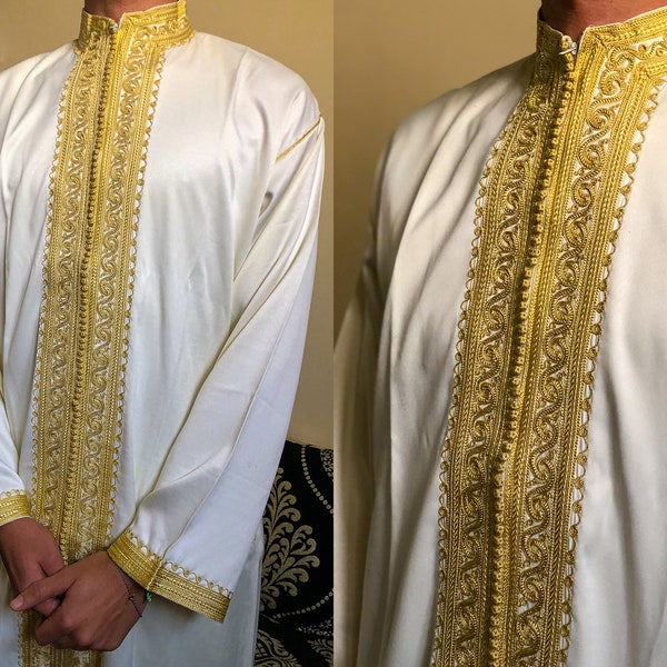 Robe longue de mariage royal marocain pour homme, jabador traditionnel or et blanc fantaisie 2 pièces, robe maxi Kaftan musulmane pour les occasions formelles