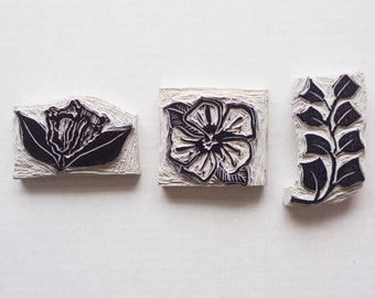 Hand Carved Floral Rubber Stamps Set of Three Floral Stamps | Botanical Stamp Set of Three