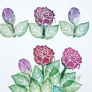 Hand Carved Roses Rubber Stamps | Rose Rubber Stamp Set | Rose Rosebud Leaf Stamps