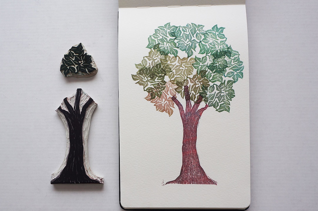 Treee Stamp Hand Carved Tree and Leaves Rubber Stamp Set | Tree Stamps - Etsy