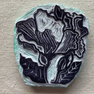 Hand Carved Hibiscus Blossom Rubber Stamp | Hibiscus Flower Leaf and Bud Stamp | One-Of-A-Kind Hand Carved Floral Stamp