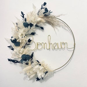 Dried flower crown with first name, customizable birth gift, boho babyshower rustic and zero waste wall bedroom decoration