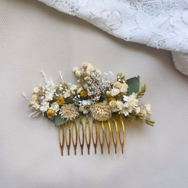 Peigne en fleurs séchées et stabilisées pour mariage bohème blanc beige et naturel