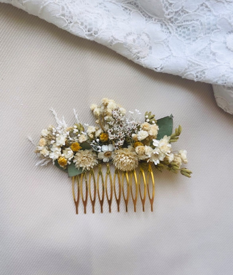 Peigne en fleurs séchées et stabilisées pour mariage bohème blanc beige et naturel image 1