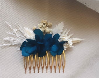 Peigne en fleurs séchées et stabilisées pour mariage bohème blanc et bleu turquoise/pétrole en hortensia