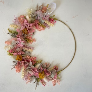 Dried flower crown with first name, customizable Christmas birth gift, boho babyshower rustic and zero waste bedroom wall decoration