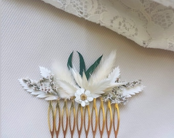 Peigne en fleurs séchées et stabilisées pour mariage bohème blanc et naturel bohème