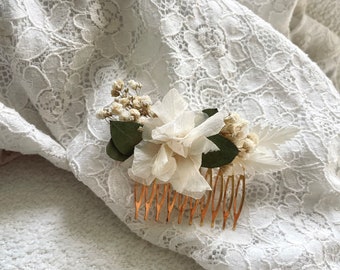 Peigne en fleurs séchées et stabilisées pour mariage bohème blanc, beige et naturel hortensia bohème