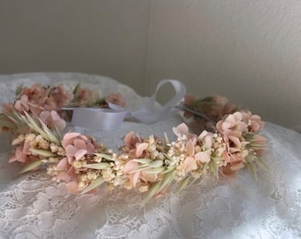Couronne de fleurs séchées cheveux tête pour mariage baptême anniversaire rose pâle et couleurs naturelles hortensia gypsophile