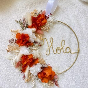 Dried flower crown with first name, customizable Christmas birth gift, boho babyshower rustic and zero waste bedroom wall decoration