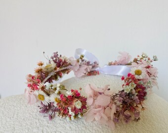 Crown of dried flowers and eternal flowers for wedding - baptism - birthday - hydrangea - gypsophila colorful colors