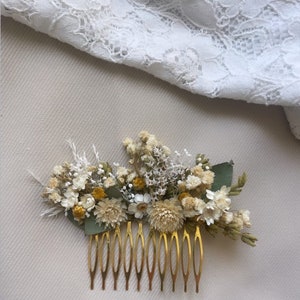 Peigne en fleurs séchées et stabilisées pour mariage bohème blanc beige et naturel image 2