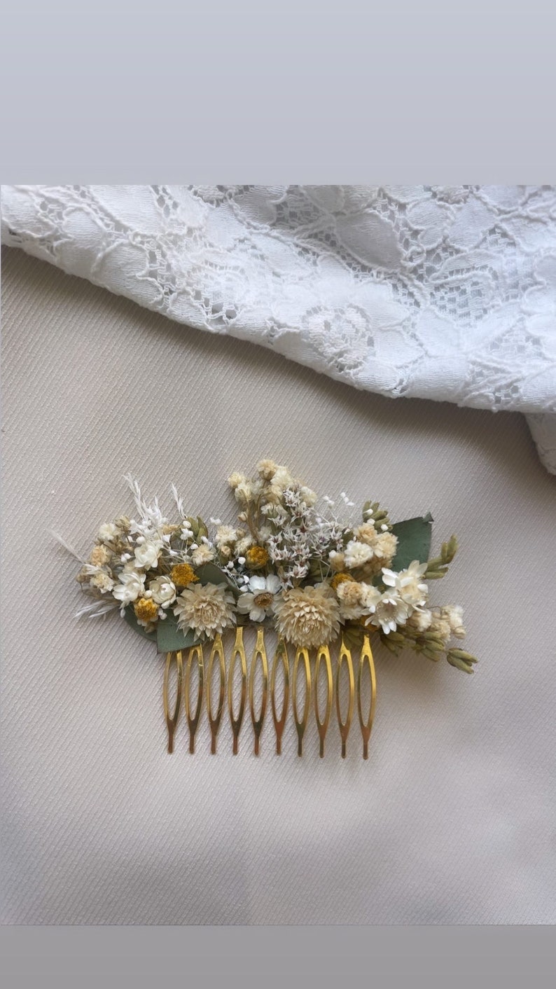 Peigne en fleurs séchées et stabilisées pour mariage bohème blanc beige et naturel image 2