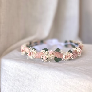 Crown of dried flowers and eucalyptus hair for wedding baptism birthday