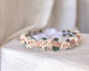 Couronne de fleurs séchées et eucalyptus cheveux pour mariage baptême anniversaire