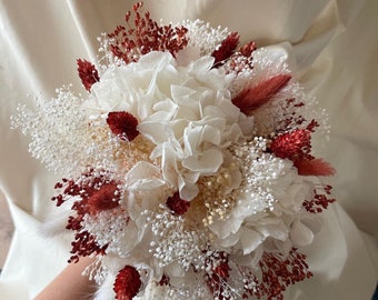 Bouquet de mariée fleurs séchées blanc et terracotta- gypsophile blanc - hortensia blanc -Mariage bohème