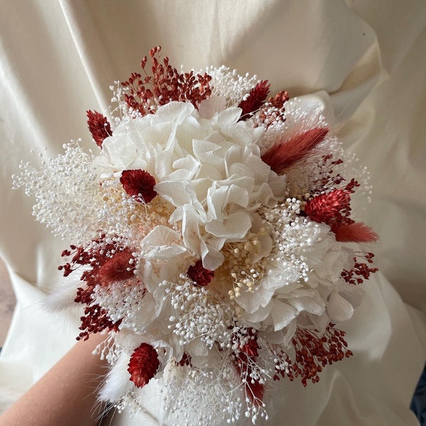 Bouquet de mariée fleurs séchées blanc et terracotta- gypsophile blanc - hortensia blanc -Mariage bohème