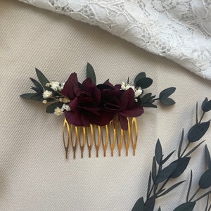 Dried and preserved flower comb - boho wedding - white and burgundy red - hydrangea eucalyptus gypsophila - wedding accessories