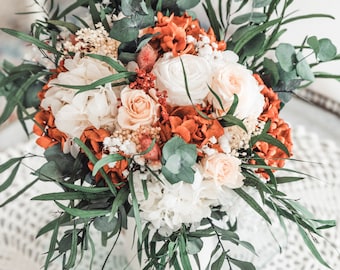 Bouquet de mariée fleurs séchées blanc et terracotta gypsophile blanc roses hortensia eucalyptus -Mariage bohème élégant naturel champêtre