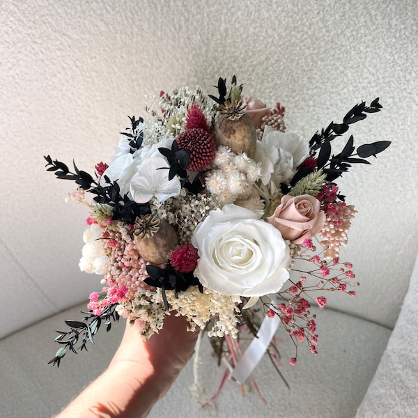 Bouquet mariage mariée fleurs véritables séchées et stabilisées bouquet champêtre élégant - roses éternelles pampa fougère gypsophile