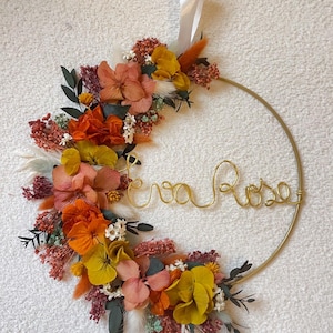 Dried flower crown with first name, customizable Christmas birth gift, boho bedroom wall decoration for country babyshower and zero waste