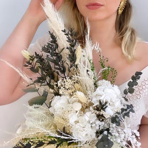 Bridal wedding bouquet real dried and stabilized flowers elegant country bouquet - hydrangea eucalyptus gypsophila