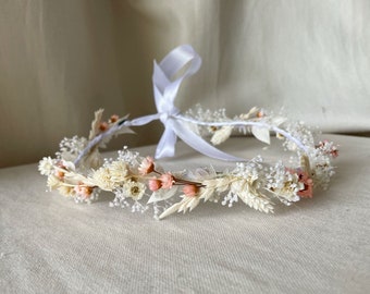 Couronne de fleurs séchées blanches et beiges pour cheveux en hortensia - mariage baptême anniversaire