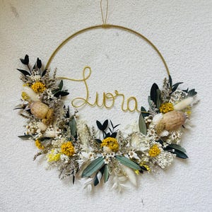 Dried flower crown with first name, customizable birth gift, boho babyshower rustic and zero waste wall bedroom decoration