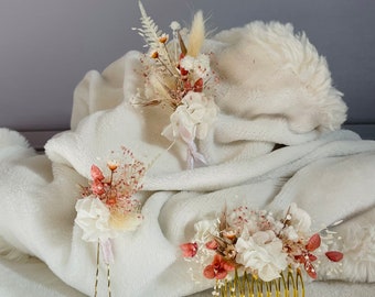 Peigne - boutonnière - pince en fleurs séchées et stabilisées - couronne - accessoires mariage tons roses et bordeaux - hortensia gypsophile