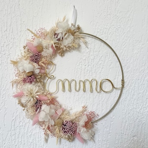 Dried flower crown with first name, customizable Christmas birth gift, boho bedroom wall decoration for country babyshower and zero waste
