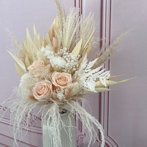 Large Bridal Wedding Bouquet real dried and preserved flowers elegant country bouquet - eternal roses pampas gypsophila fern
