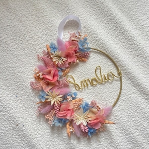 Dried flower crown with first name, customizable Christmas birth gift, boho bedroom wall decoration for country babyshower and zero waste