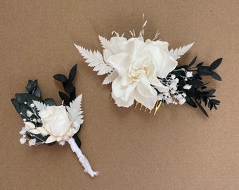 Peigne - boutonnière - pince en fleurs séchées et stabilisées- fleurs éternelles - accessoires mariage tons blanc et naturel