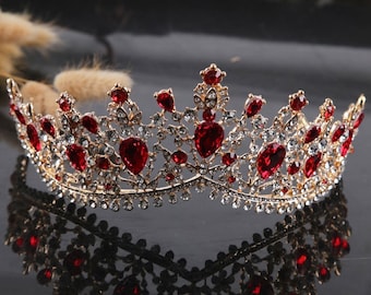 Wedding Dress Accessories,Crystal Baroque Female Crown,Red Crown Crystal/Gem