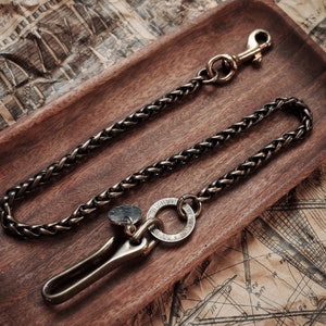 JesminBox Handmade Vintage Solid Brass Wallet Chain with Fish Hook,Single Link Wallet Chain,Belt Hook and Chain,Pants Chain for Men,Vintage Jean Chain