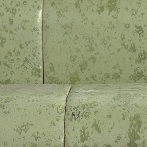 May include: Close-up of a section of a light green surface with a mottled pattern. The surface is divided into sections by vertical lines. The texture has a speckled appearance, with darker green spots scattered across the lighter green background.