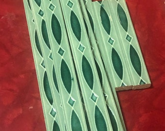 Custom Ordered Vintage Style Fish Design Liner Tiles ~ Dark Green Fish & Diamonds on Medium Green (11 Tiles)