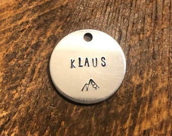 Low Alpine Hand Stamped Pet ID Tag Dog Cat Horse mountain pine tree handstamped custom collar silver gold brass copper steel metal