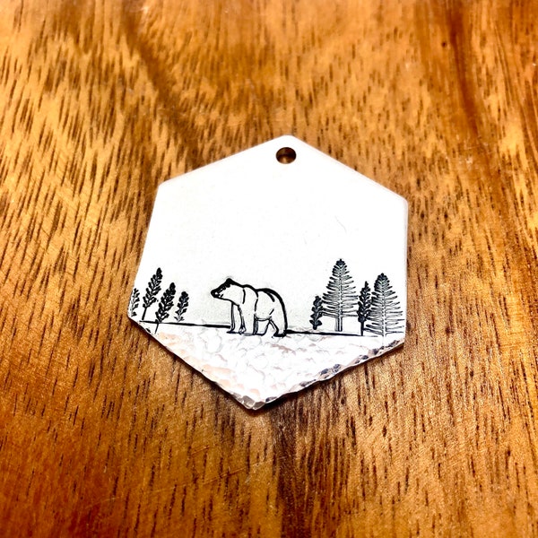 Hiking Bear 1.5" Hexagon Hand Stamped Pet ID Tag | Dog Cat Horse | Forest Woods Nature California Bear Themed Custom Nametag