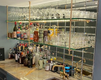 Customized bistro bar. (Up to 50&#39;&#39; height - 70&#39;&#39; width - 15&#39;&#39; depth) Wall & ceiling mounted, unlacquered satin and solid brass bistro bar.