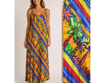 Vintage 90s Tropical Maxi Dress XL/16 Bright Statement Floral Rayon Maximalist
