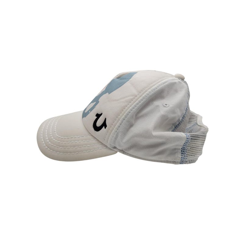 Gorra de camionero True Religion Skull Y2K Snapback blanca con estampado rosa estilo streetwear RARA imagen 4