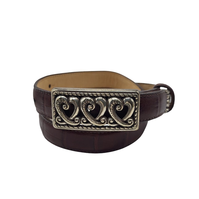 VTG Brighton Brown Leather Belt Silver Heart Buckle Croc Embossed Small 28 image 1