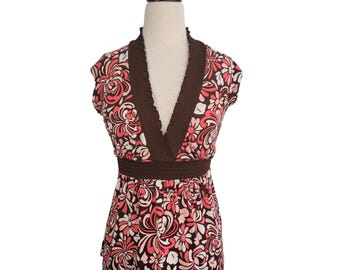 Vintage Y2K Babydoll Top Deep V Empire Waist Chocolate Brown Pink Floral Small