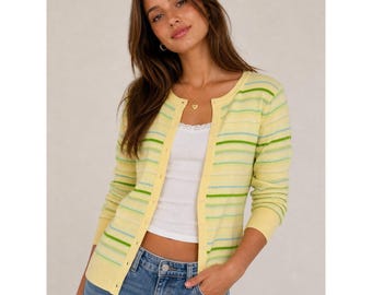 Cárdigan de mezcla de cachemira a rayas amarillo mantequilla estilo vintage Y2K Express, talla L
